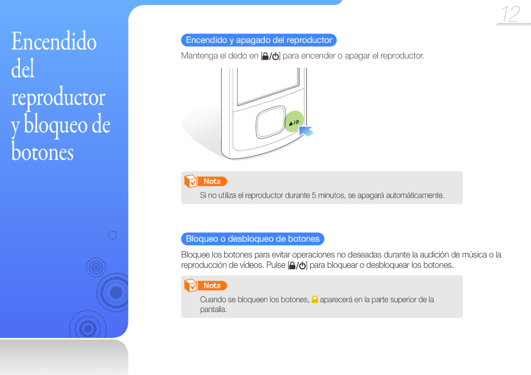 Samsung YP-R0JCB/EDC, YP-R0JEB/EDC, YP-R0JCP/EDC manual Encendido y apagado del reproductor, Bloqueo o desbloqueo de botones 