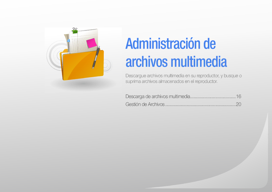 Samsung YP-R0JEP/EDC, YP-R0JEB/EDC, YP-R0JCP/EDC, YP-R0JCB/EDC, YP-R0JAB/EDC manual Administración de archivos multimedia 