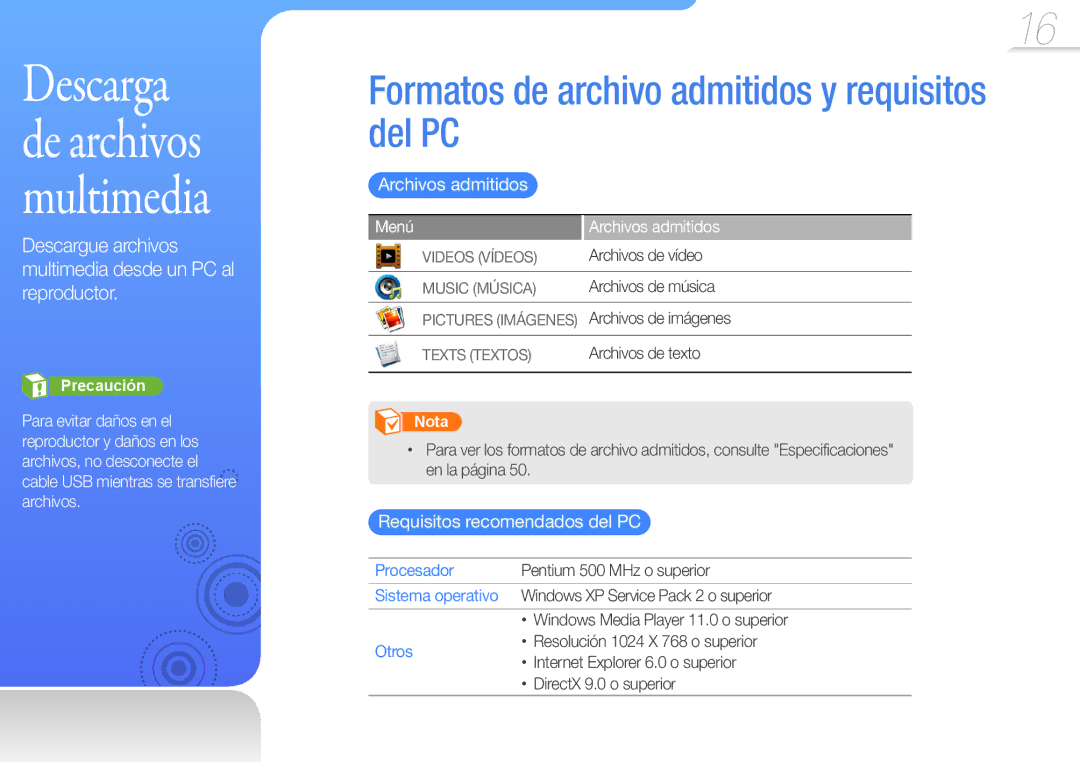 Samsung YP-R0JEB/EDC Formatos de archivo admitidos y requisitos del PC, Archivos admitidos, Requisitos recomendados del PC 