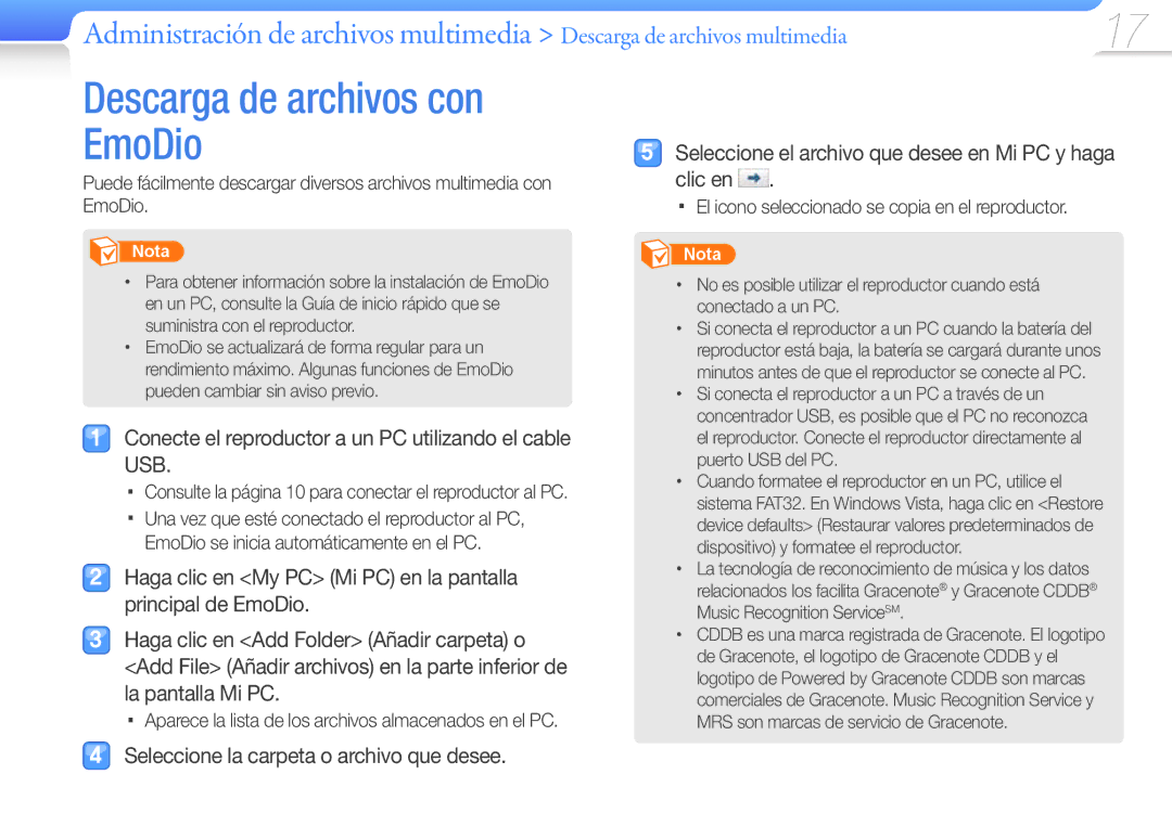 Samsung YP-R0JCP/EDC manual Descarga de archivos con EmoDio, Consulte la página 10 para conectar el reproductor al PC 