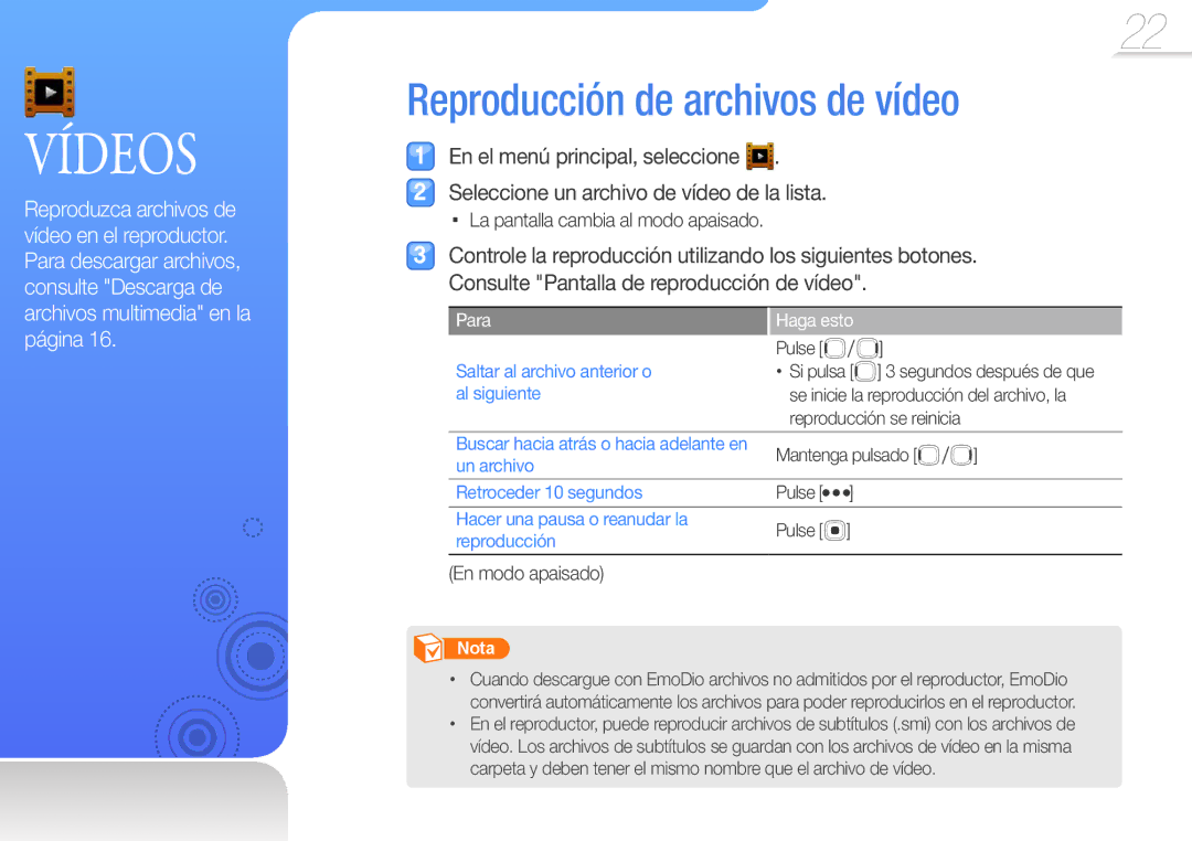 Samsung YP-R0JEB/EDC manual Reproducción de archivos de vídeo, La pantalla cambia al modo apaisado, En modo apaisado, Para 