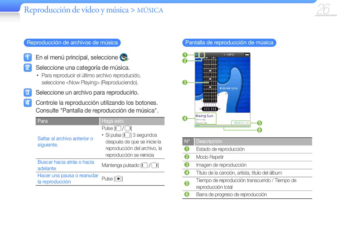 Samsung YP-R0AB/XSE, YP-R0JEB/EDC, YP-R0JCP/EDC Reproducción de vídeo y música Música, Reproducción de archivos de música 