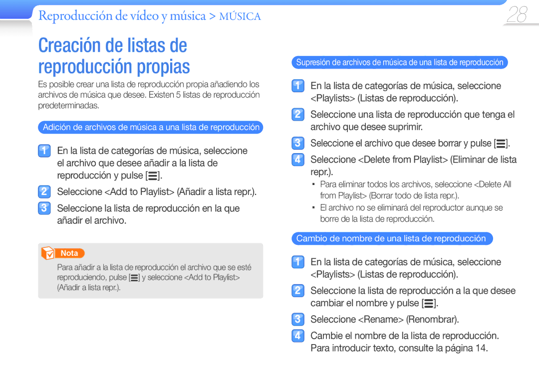 Samsung YP-R0JEB/EDC, YP-R0JCP/EDC, YP-R0JCB/EDC, YP-R0JAB/EDC Adición de archivos de música a una lista de reproducción 