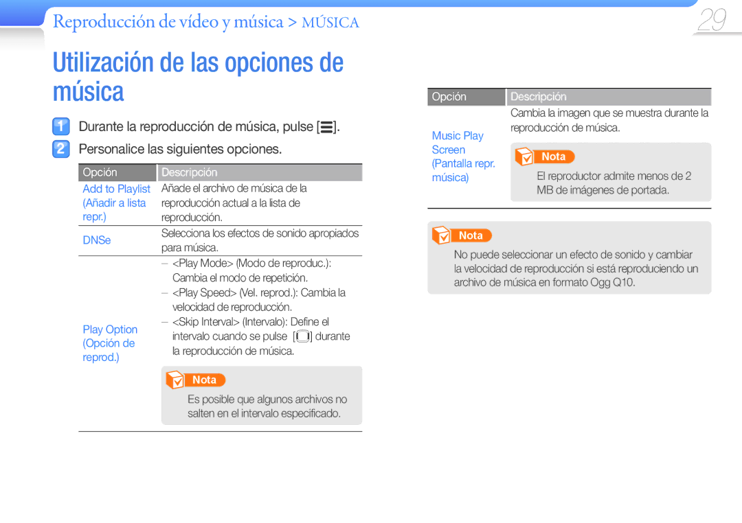 Samsung YP-R0JCP/EDC, YP-R0JEB/EDC, YP-R0JCB/EDC, YP-R0JAB/EDC, YP-R0AB/XSE, YP-R0JEP/EDC manual Opción Descripción 