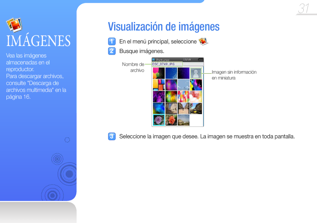 Samsung YP-R0JAB/EDC, YP-R0JEB/EDC, YP-R0JCP/EDC, YP-R0JCB/EDC, YP-R0AB/XSE, YP-R0JEP/EDC Imágenes, Visualización de imágenes 