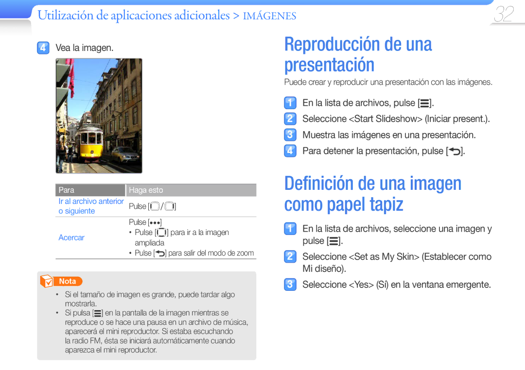 Samsung YP-R0AB/XSE Reproducción de una presentación, Utilización de aplicaciones adicionales Imágenes, Para Haga esto 