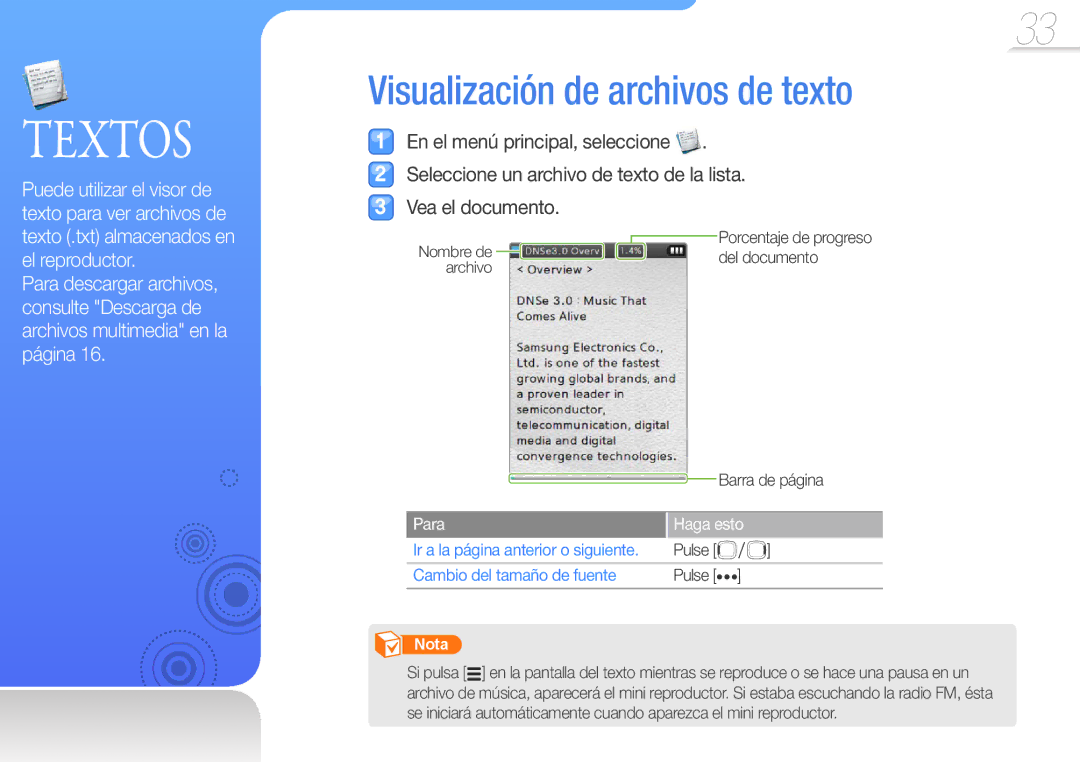 Samsung YP-R0JEP/EDC, YP-R0JEB/EDC, YP-R0JCP/EDC manual Visualización de archivos de texto, Cambio del tamaño de fuente 