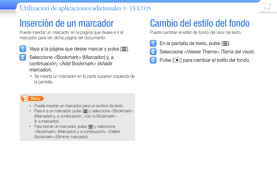 Samsung YP-R0JEB/EDC Inserción de un marcador, Cambio del estilo del fondo, Utilización de aplicaciones adicionales Textos 