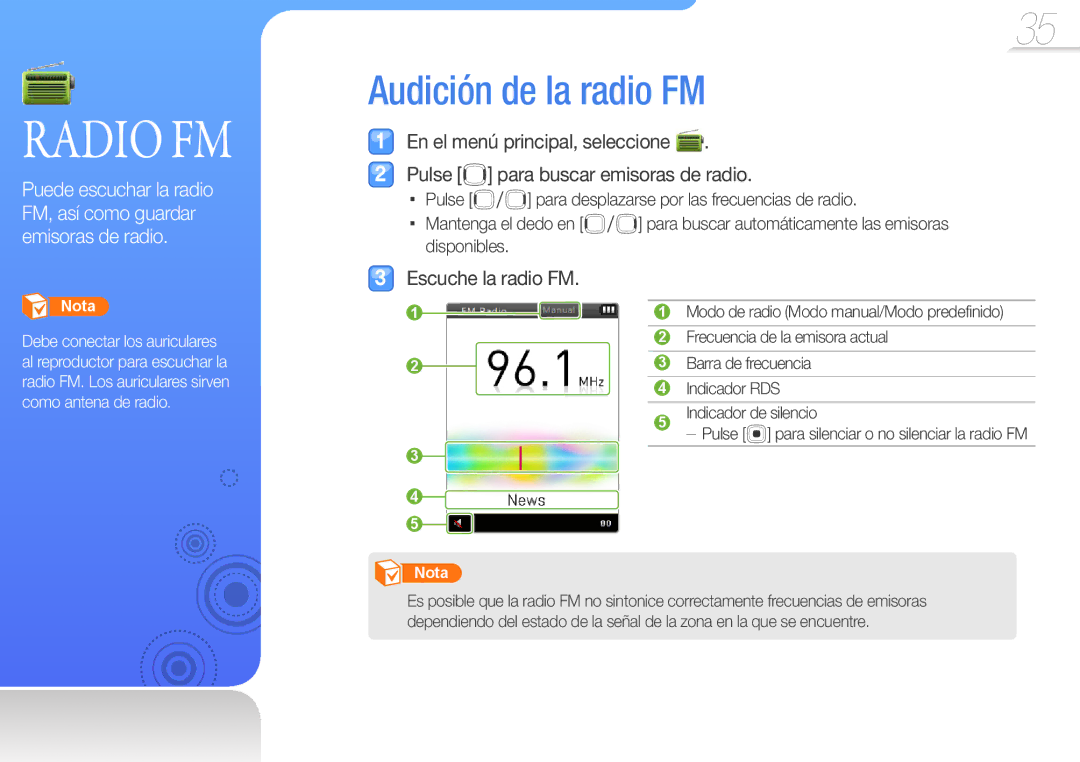 Samsung YP-R0JCP/EDC, YP-R0JEB/EDC, YP-R0JCB/EDC, YP-R0JAB/EDC, YP-R0AB/XSE, YP-R0JEP/EDC Radio FM, Audición de la radio FM 