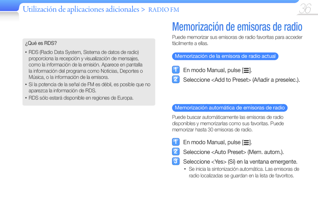 Samsung YP-R0JCB/EDC, YP-R0JEB/EDC, YP-R0JCP/EDC, YP-R0AB/XSE Utilización de aplicaciones adicionales Radio FM, ¿Qué es RDS? 