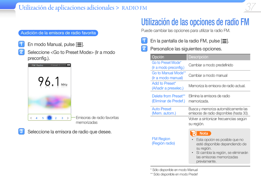 Samsung YP-R0JAB/EDC manual Audición de la emisora de radio favorita, Puede cambiar las opciones para utilizar la radio FM 