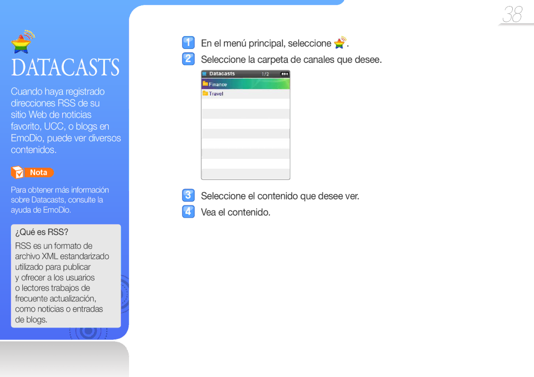 Samsung YP-R0AB/XSE, YP-R0JEB/EDC, YP-R0JCP/EDC, YP-R0JCB/EDC, YP-R0JAB/EDC, YP-R0JEP/EDC manual Datacasts, ¿Qué es RSS? 