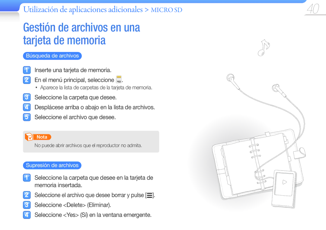 Samsung YP-R0JEB/EDC, YP-R0JCP/EDC, YP-R0JCB/EDC, YP-R0JAB/EDC, YP-R0AB/XSE Utilización de aplicaciones adicionales Micro SD 