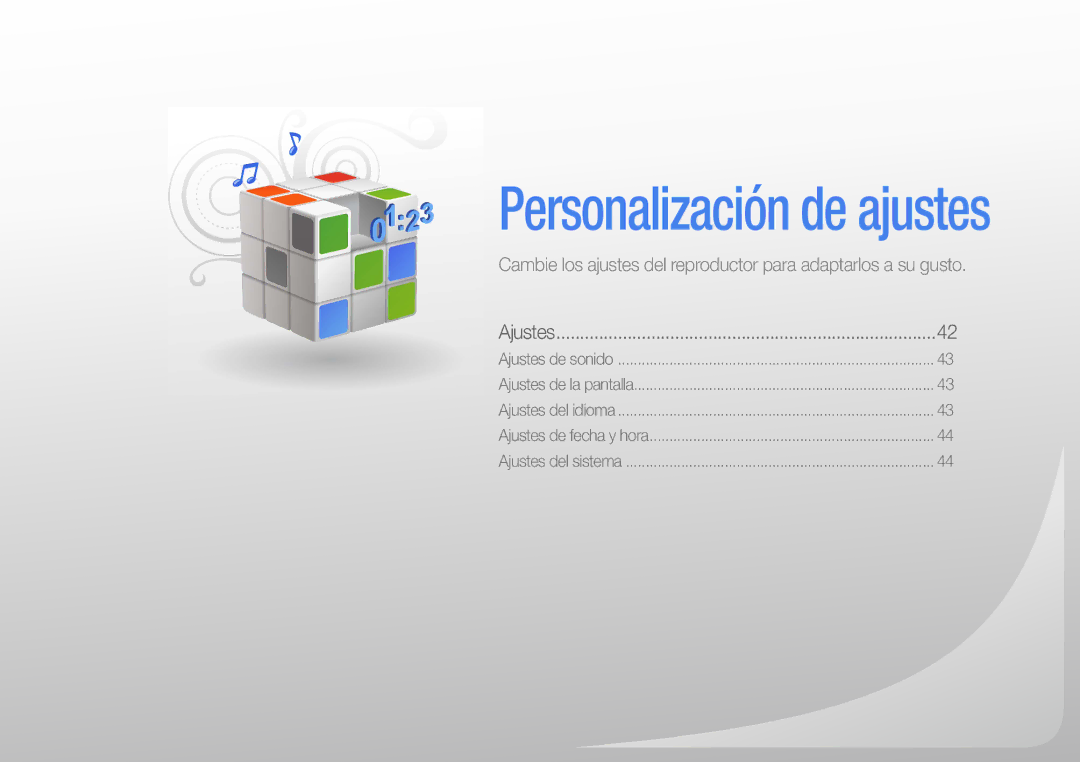 Samsung YP-R0JCP/EDC, YP-R0JEB/EDC, YP-R0JCB/EDC, YP-R0JAB/EDC, YP-R0AB/XSE, YP-R0JEP/EDC manual Personalización de ajustes 