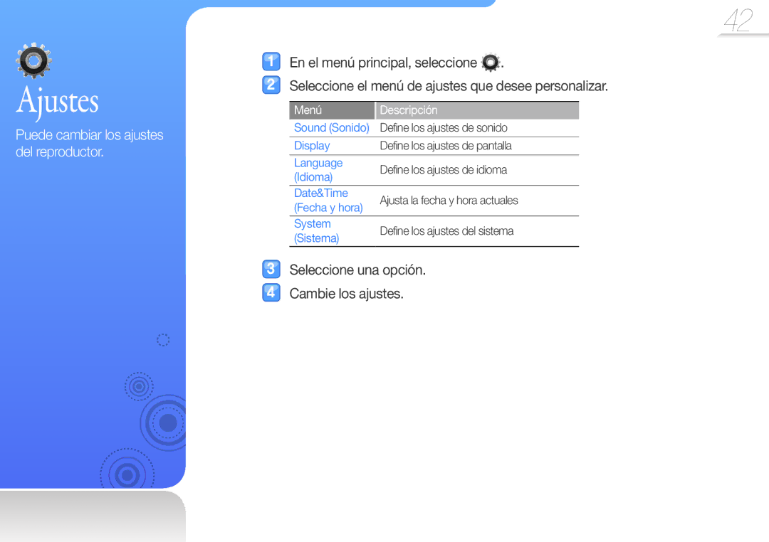 Samsung YP-R0JCB/EDC, YP-R0JEB/EDC, YP-R0JCP/EDC, YP-R0JAB/EDC Puede cambiar los ajustes del reproductor, Menú Descripción 