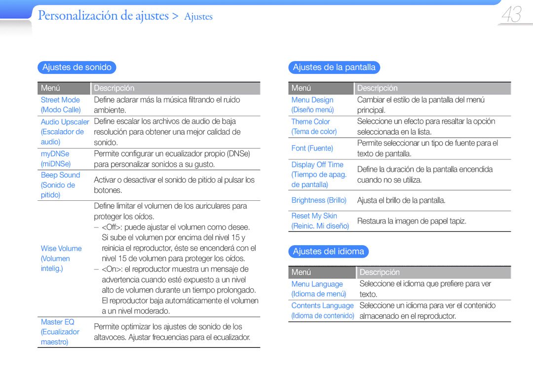 Samsung YP-R0JAB/EDC Personalización de ajustes Ajustes, Ajustes de sonido, Ajustes de la pantalla, Ajustes del idioma 