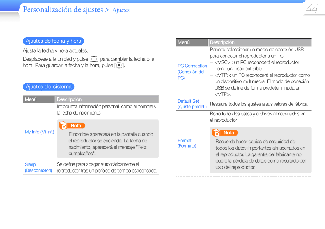 Samsung YP-R0AB/XSE, YP-R0JEB/EDC manual Ajustes de fecha y hora, Ajusta la fecha y hora actuales, Ajustes del sistema, Menú 