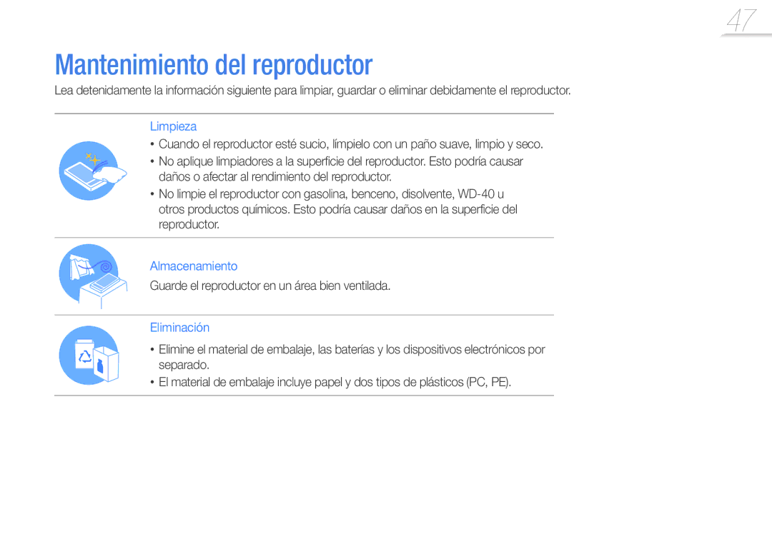 Samsung YP-R0JCP/EDC, YP-R0JEB/EDC manual Mantenimiento del reproductor, Guarde el reproductor en un área bien ventilada 