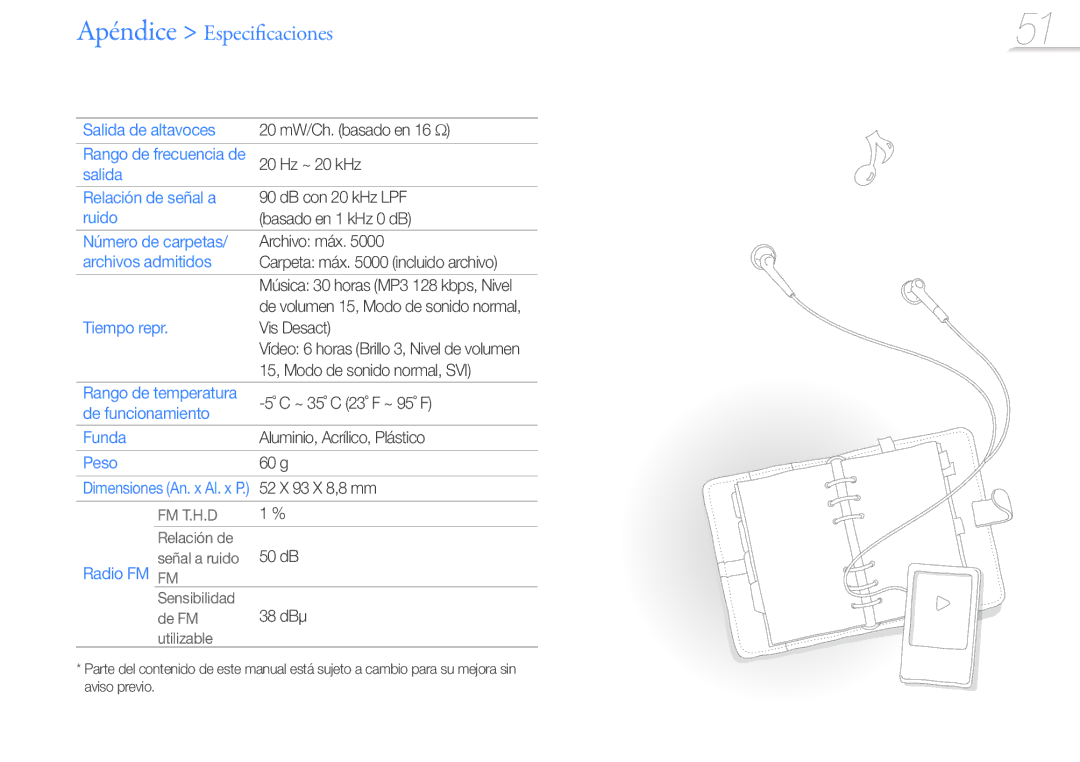 Samsung YP-R0JEP/EDC Salida de altavoces, Salida Relación de señal a, Ruido, Número de carpetas, Archivos admitidos, Peso 