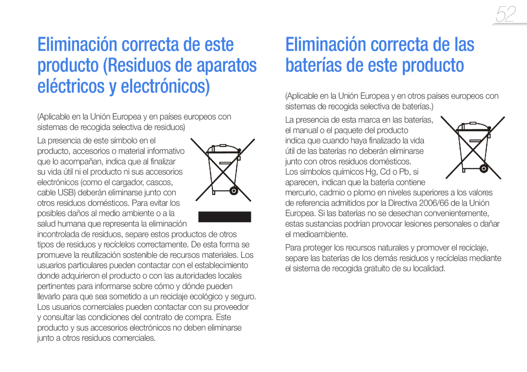 Samsung YP-R0JEB/EDC, YP-R0JCP/EDC, YP-R0JCB/EDC, YP-R0JAB/EDC manual Eliminación correcta de las baterías de este producto 