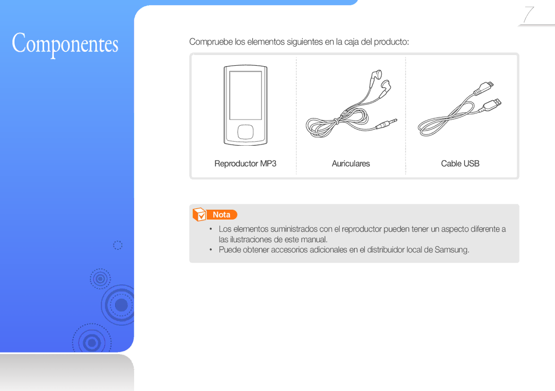 Samsung YP-R0JAB/EDC, YP-R0JEB/EDC, YP-R0JCP/EDC Componentes, Compruebe los elementos siguientes en la caja del producto 