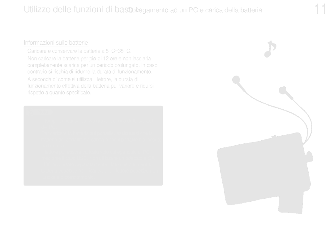 Samsung YP-R0JES/EDC, YP-R0JEB/EDC manual Informazioni sulle batterie, Caricare e conservare la batteria a 5˚ C~35˚ C 