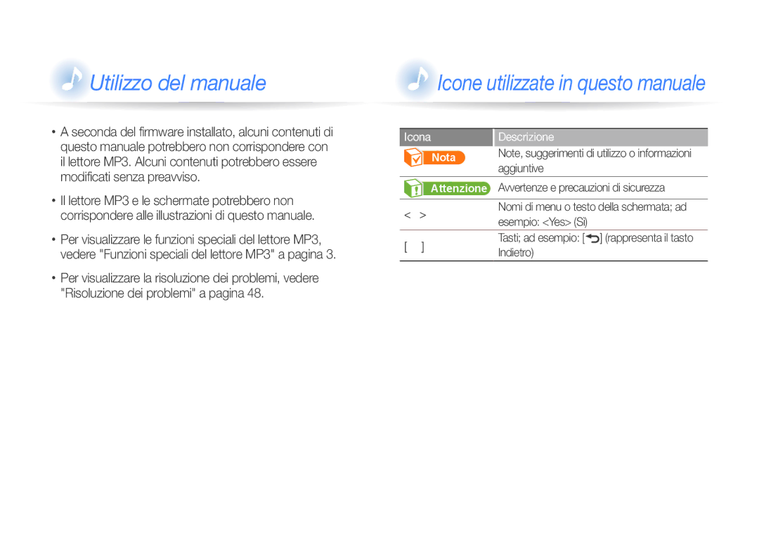 Samsung YP-R0JCS/EDC manual Descrizione, Aggiuntive, Avvertenze e precauzioni di sicurezza, Esempio Yes Sì, Indietro 