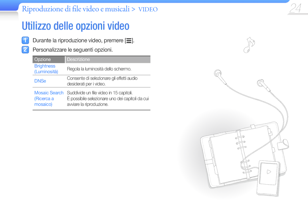 Samsung YP-R0JCS/EDC, YP-R0JEB/EDC, YP-R0JES/EDC, YP-R0JCP/EDC manual Utilizzo delle opzioni video, Opzione Descrizione 