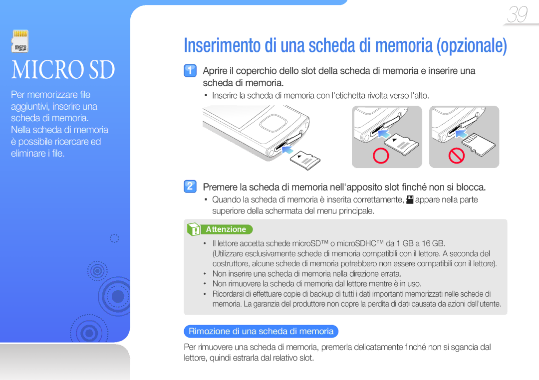 Samsung YP-R0JAB/EDC, YP-R0JEB/EDC, YP-R0JES/EDC, YP-R0JCS/EDC, YP-R0JCP/EDC Micro SD, Rimozione di una scheda di memoria 