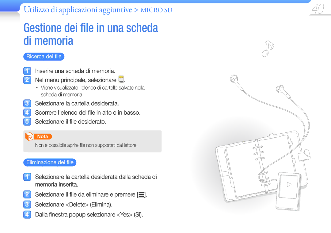 Samsung YP-R0JEB/EDC manual Gestione dei file in una scheda di memoria, Utilizzo di applicazioni aggiuntive Micro SD 