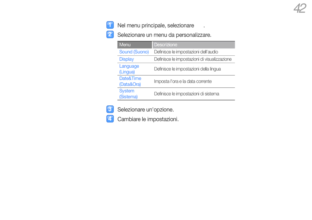 Samsung YP-R0JCS/EDC, YP-R0JEB/EDC, YP-R0JES/EDC manual Possibile cambiare le impostazioni del lettore, Menu Descrizione 