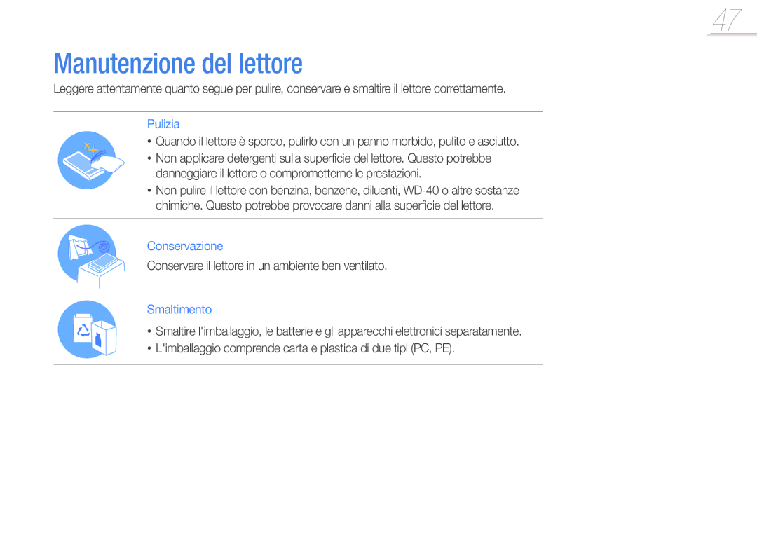 Samsung YP-R0JES/EDC, YP-R0JEB/EDC manual Manutenzione del lettore, Conservare il lettore in un ambiente ben ventilato 