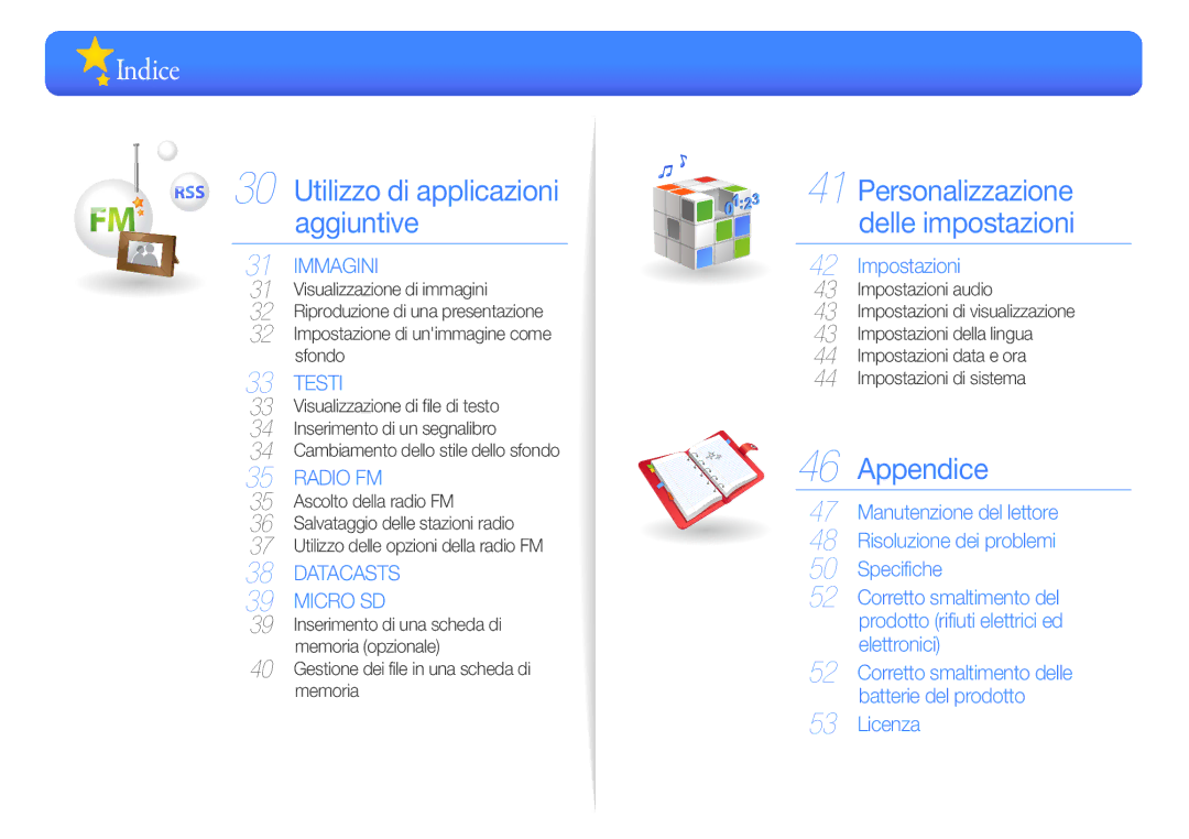 Samsung YP-R0JES/EDC, YP-R0JEB/EDC, YP-R0JCS/EDC, YP-R0JCP/EDC manual Indice, Gestione dei file in una scheda di memoria 