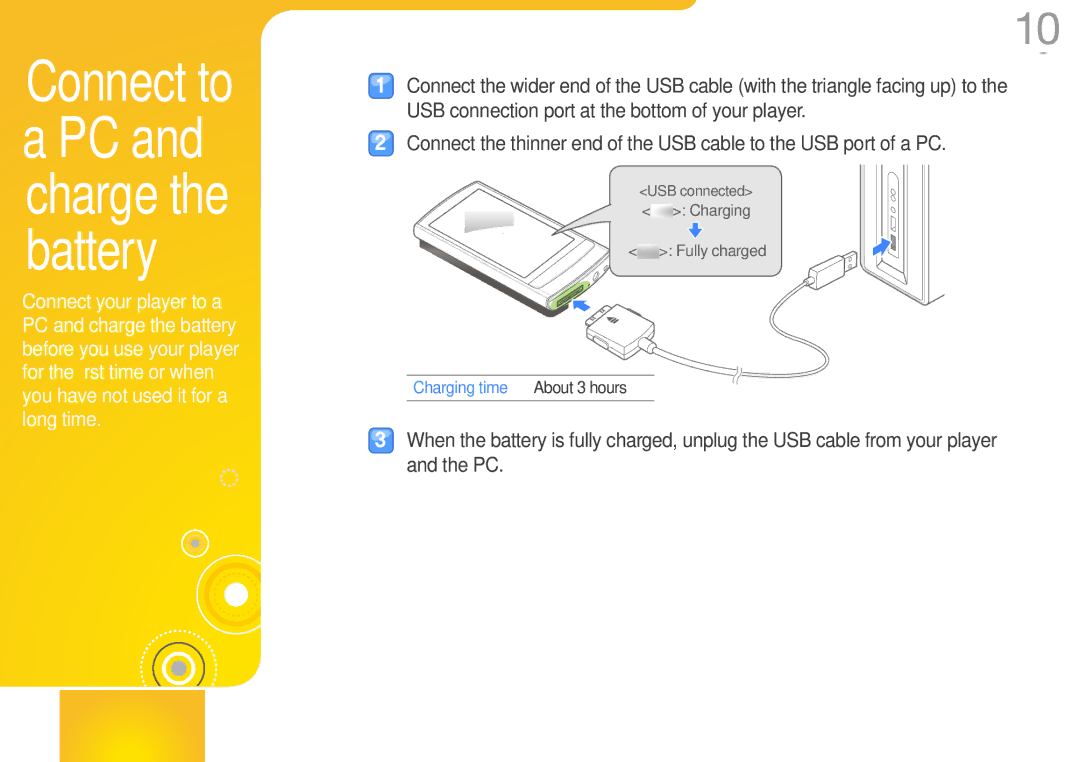 Samsung YP-R1 user manual Charging time, About 3 hours 