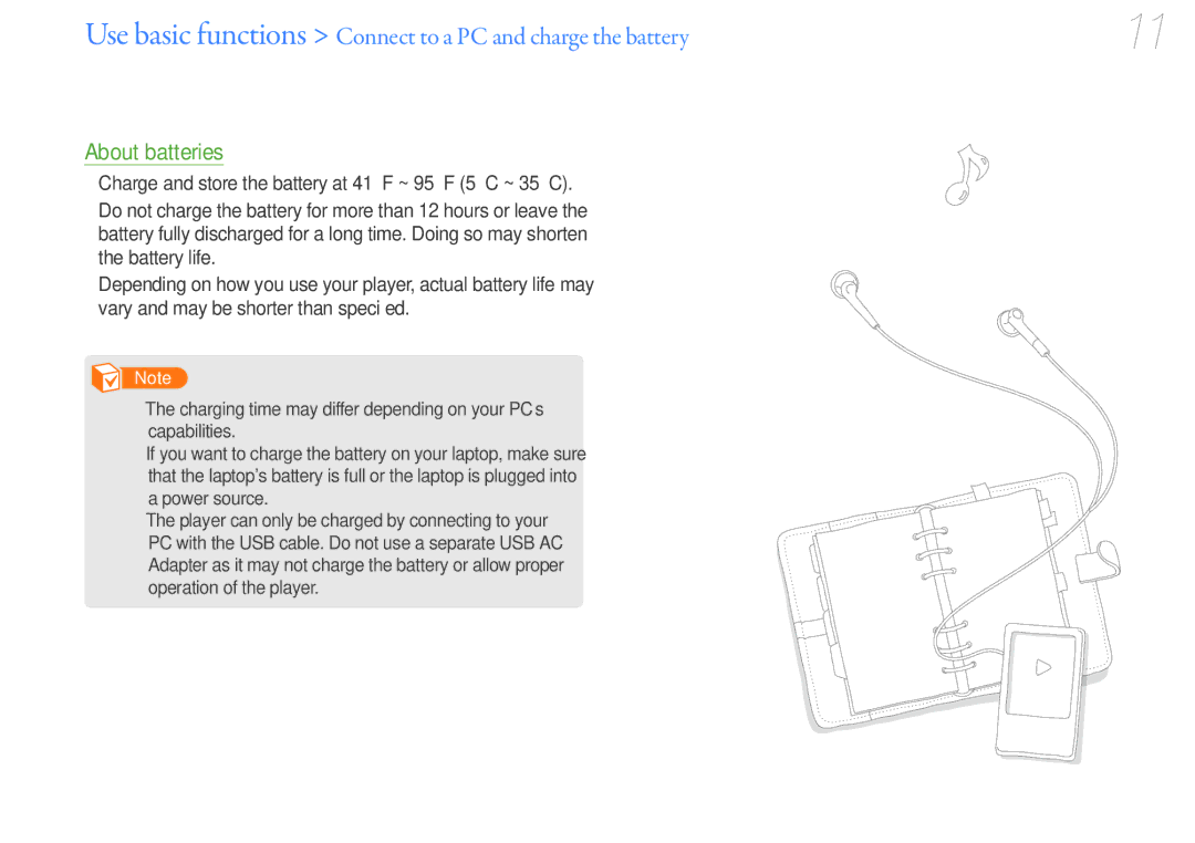 Samsung YP-R1 user manual Use basic functions Connect to a PC and charge the battery 