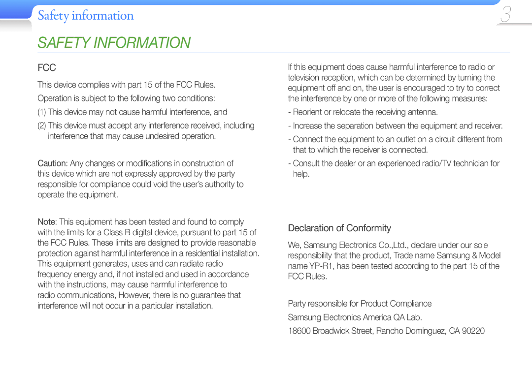 Samsung YP-R1 user manual Declaration of Conformity, Reorient or relocate the receiving antenna 