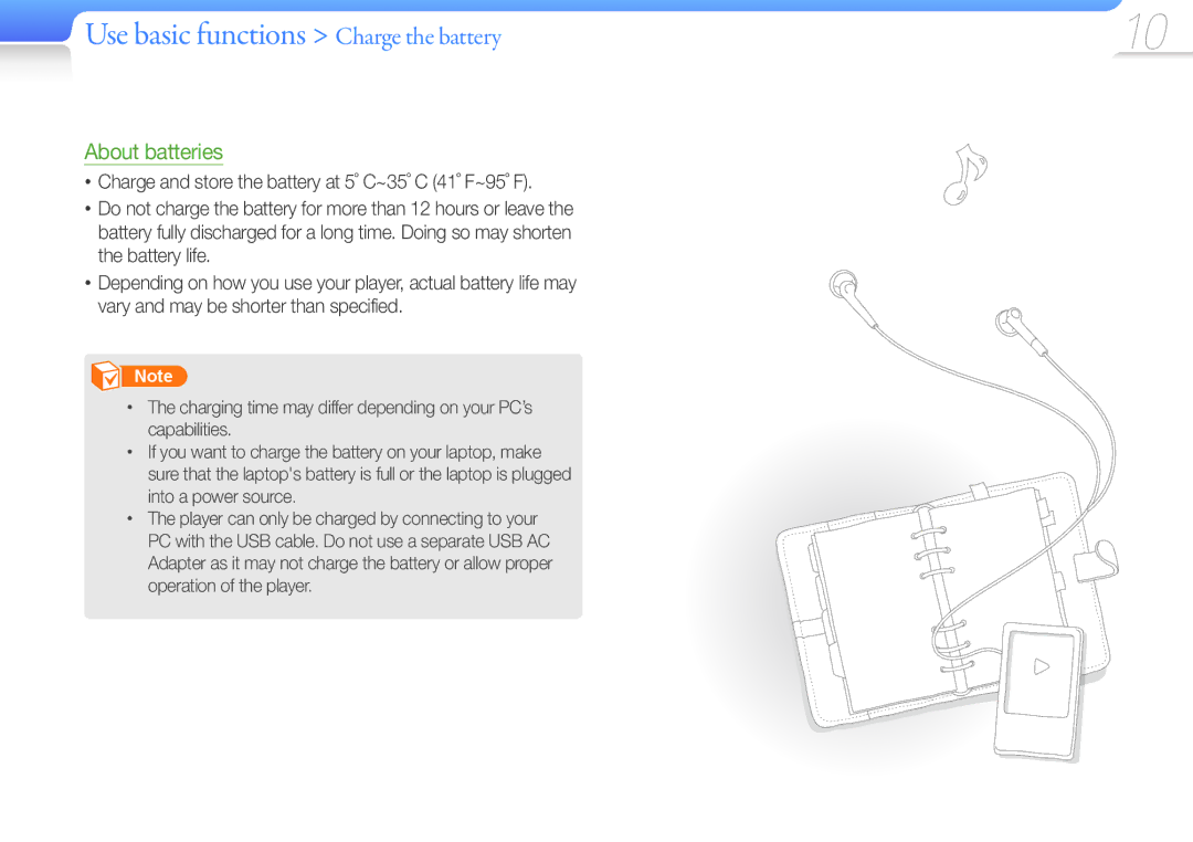 Samsung YP-R1EB/MEA, YP-R1CS/AAW, YP-R1CS/MEA, YP-R1CB/AAW manual Use basic functions Charge the battery, About batteries 