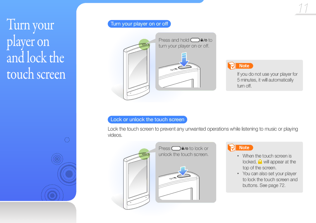 Samsung YP-R1AS/AAW, YP-R1CS/AAW, YP-R1CS/MEA, YP-R1CB/AAW manual Turn your player on or off, Lock or unlock the touch screen 