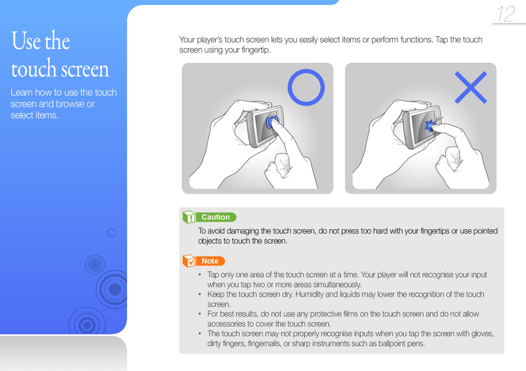 Samsung YP-R1CS/AAW, YP-R1CS/MEA, YP-R1CB/AAW, YP-R1AB/AAW, YP-R1CB/MEA, YP-R1CP/MEA, YP-R1ES/MEA manual Use the touch screen 