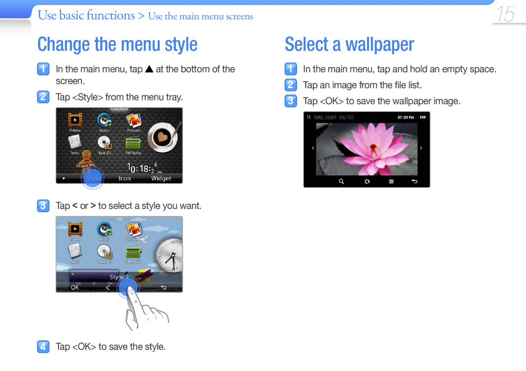 Samsung YP-R1AB/AAW, YP-R1CS/AAW, YP-R1CS/MEA, YP-R1CB/AAW, YP-R1CB/MEA, YP-R1CP/MEA Change the menu style, Select a wallpaper 