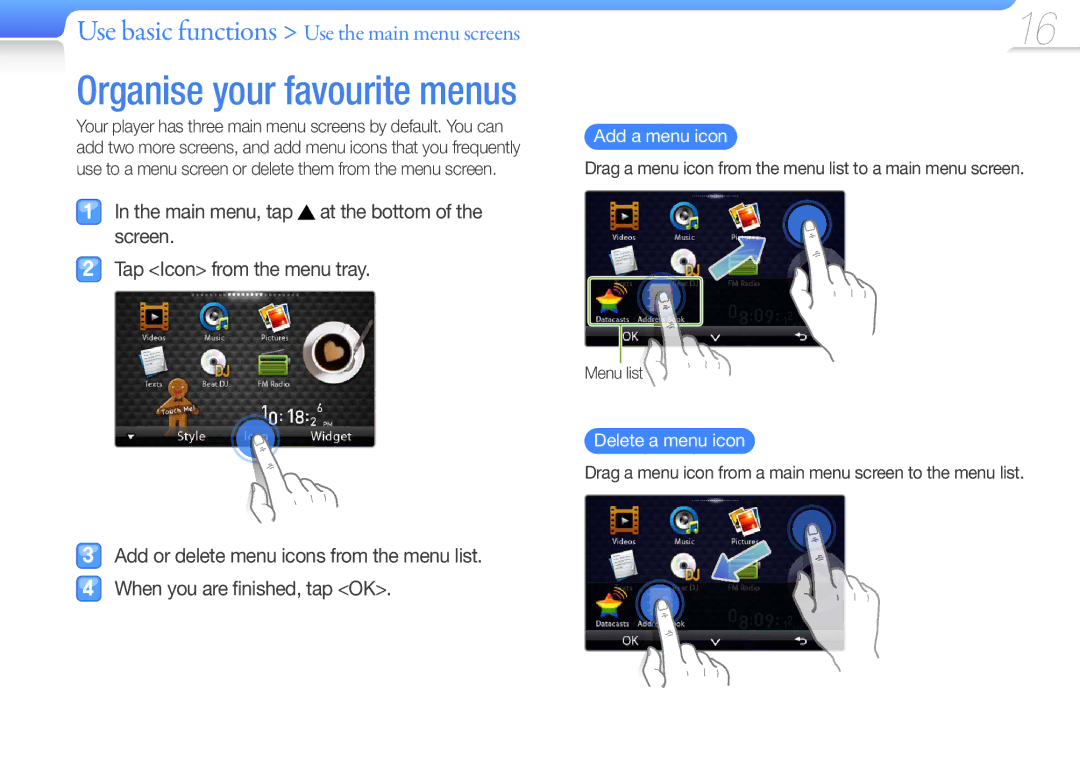 Samsung YP-R1CB/MEA manual Add a menu icon, Drag a menu icon from the menu list to a main menu screen, Delete a menu icon 