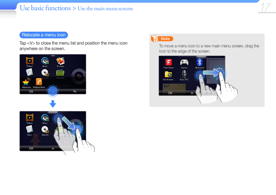 Samsung YP-R1CP/MEA, YP-R1CS/AAW, YP-R1CS/MEA manual Use basic functions Use the main menu screens, Relocate a menu icon 