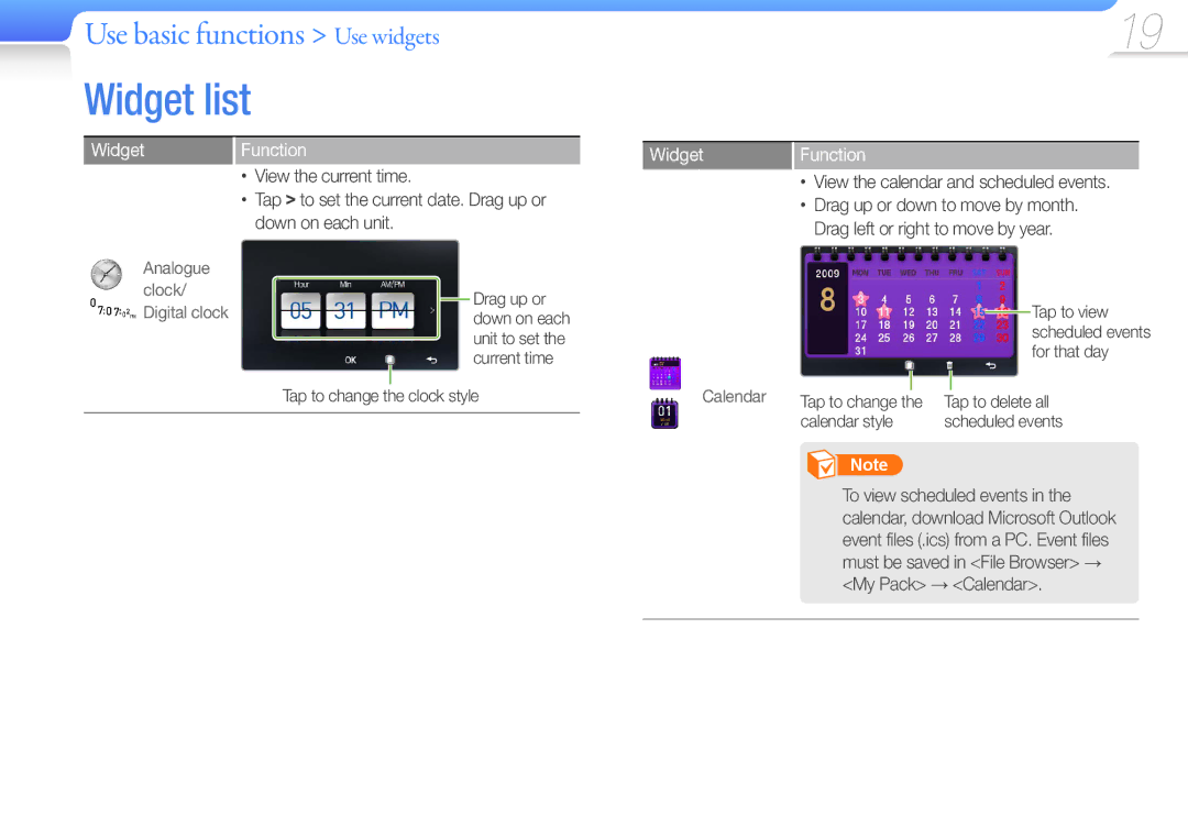 Samsung YP-R1EP/MEA, YP-R1CS/AAW View the current time, Widget Function, View the calendar and scheduled events 