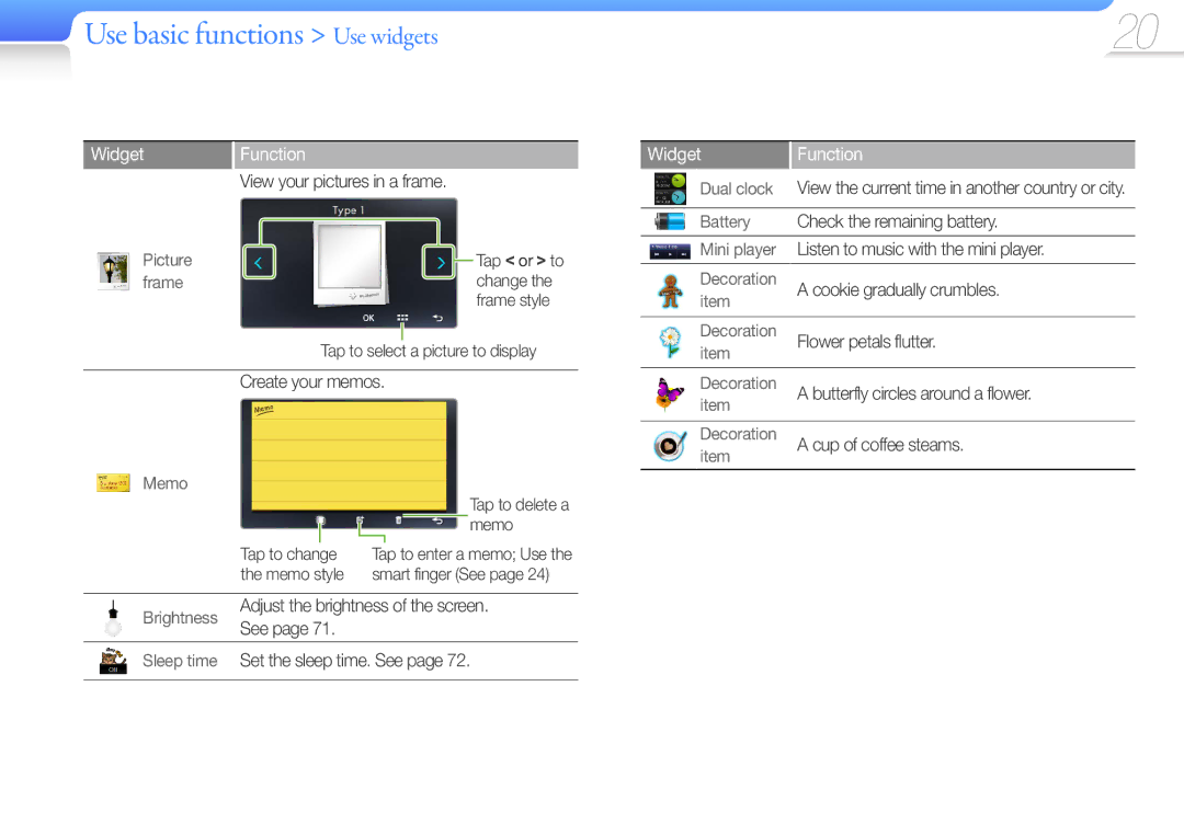 Samsung YP-R1ES/AAW, YP-R1CS/AAW, YP-R1CS/MEA, YP-R1CB/AAW, YP-R1AB/AAW, YP-R1CB/MEA manual Use basic functions Use widgets 