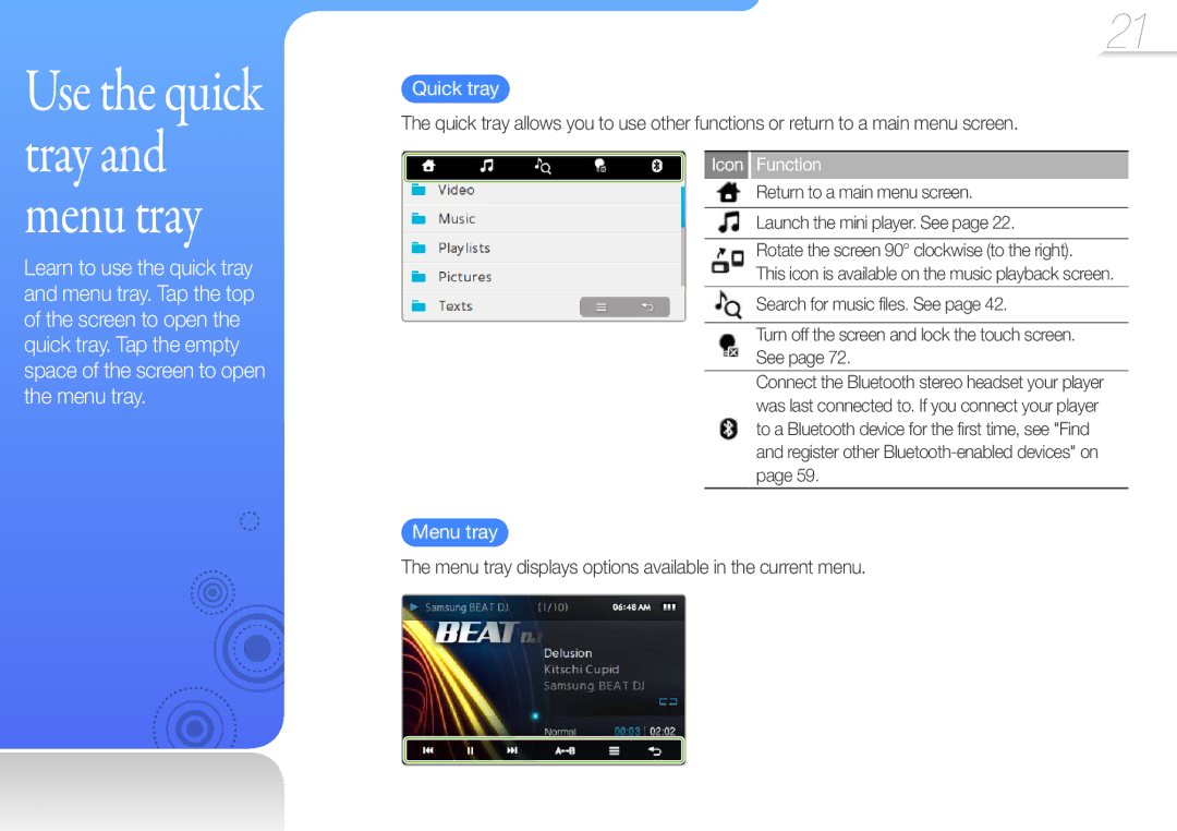 Samsung YP-R1CB/HAC, YP-R1CS/AAW, YP-R1CS/MEA Menu tray displays options available in the current menu, Icon Function 