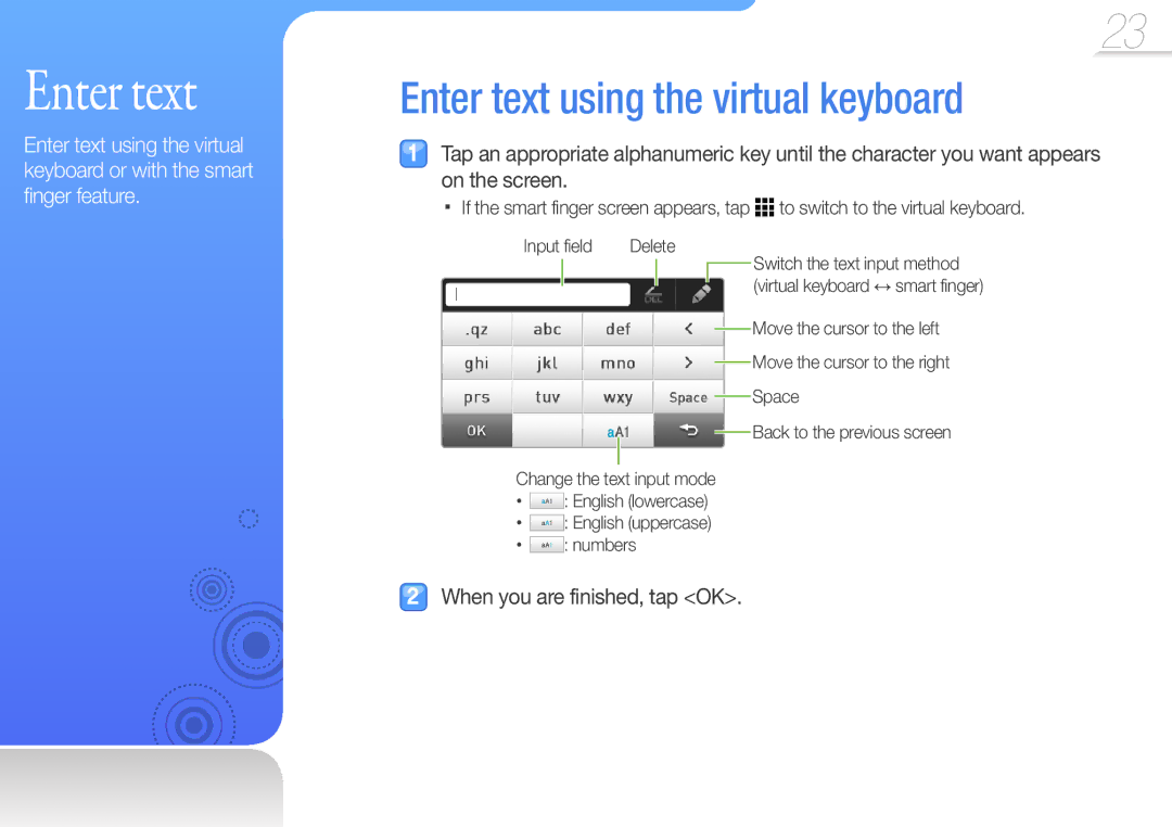 Samsung YP-R1CS/HAC, YP-R1CS/AAW, YP-R1CS/MEA, YP-R1CB/AAW manual Enter text using the virtual keyboard, Input field 