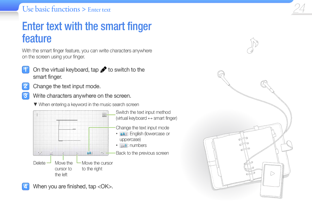 Samsung YP-R1EB/MEA, YP-R1CS/AAW manual Enter text with the smart finger feature, Use basic functions Enter text, Uppercase 