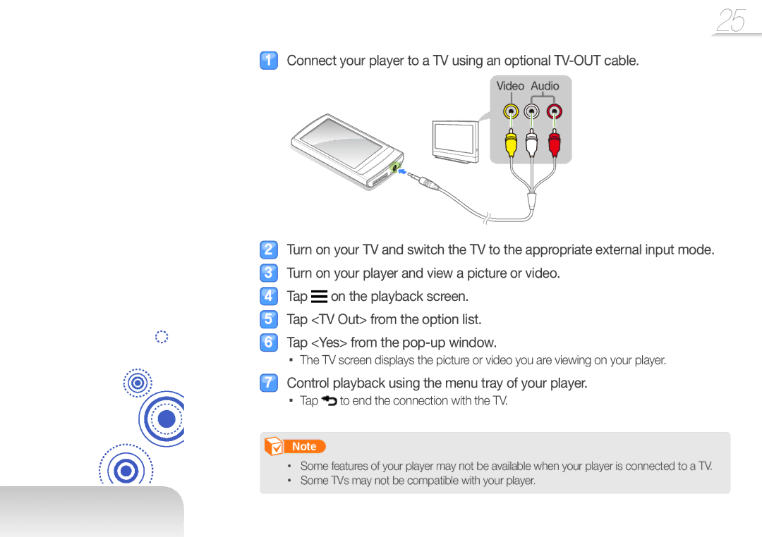 Samsung YP-R1AS/AAW Connect your player to a TV using an optional TV-OUT cable, Tap to end the connection with the TV 