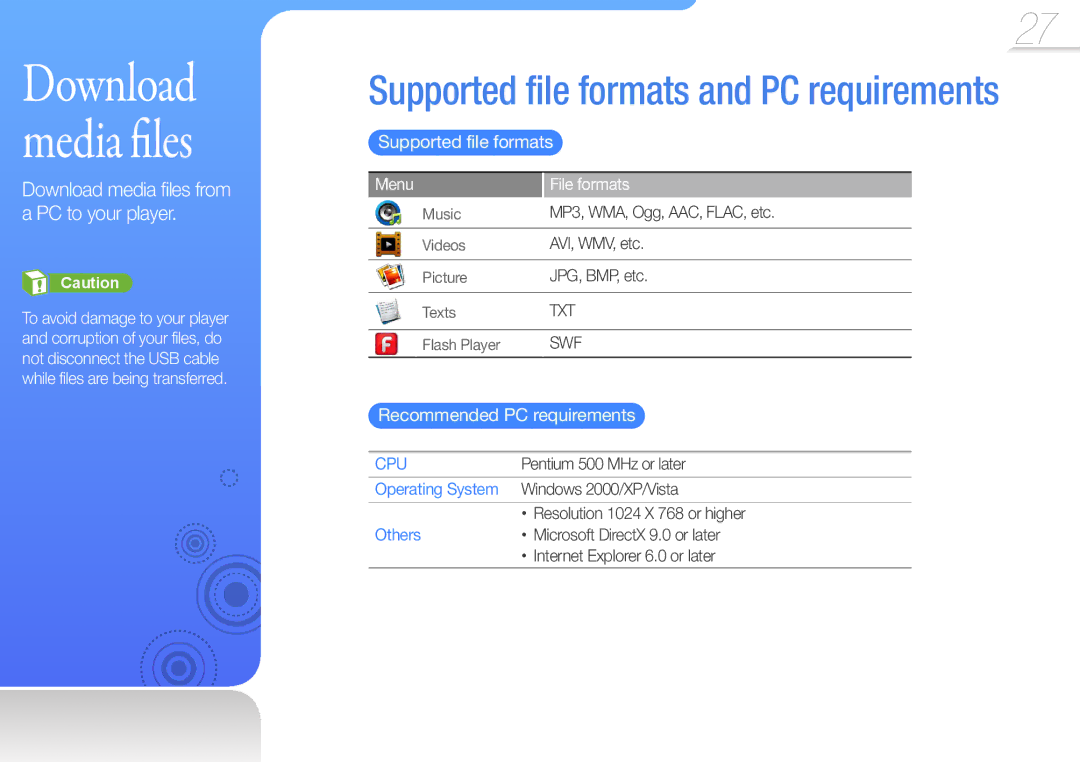 Samsung YP-R1CS/MEA Download media files from a PC to your player, Supported file formats, Recommended PC requirements 