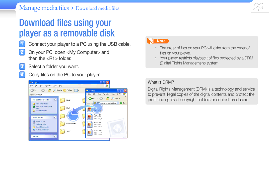 Samsung YP-R1AB/AAW, YP-R1CS/AAW, YP-R1CS/MEA manual Download files using your player as a removable disk, What is DRM? 